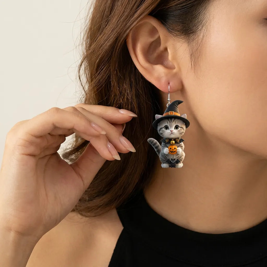 Halloween Tabby Witch Cat Pumpkin Earrings