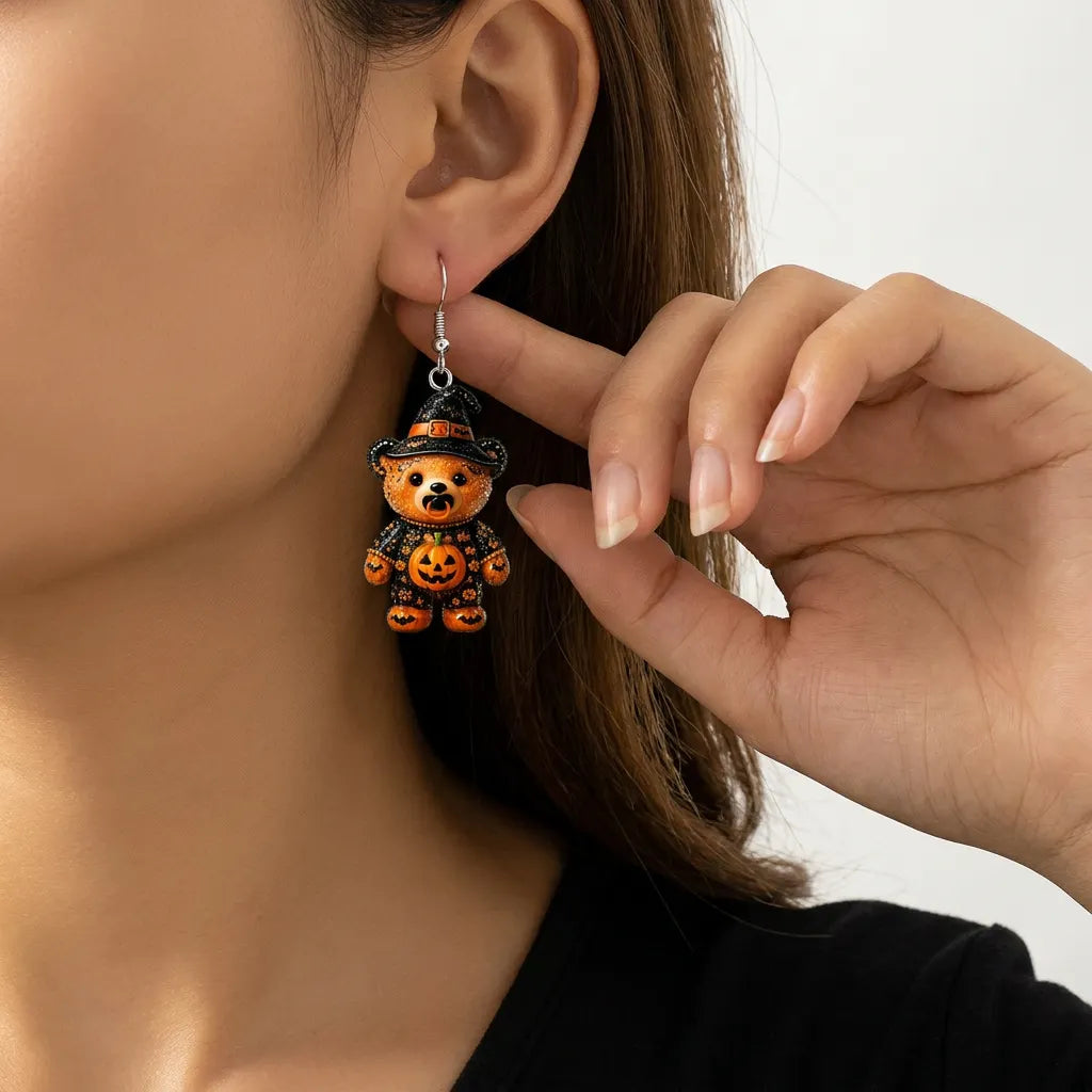 Glitter Teddy Bear Witch Hat Bat Pumpkin Outfit Halloween Earrings