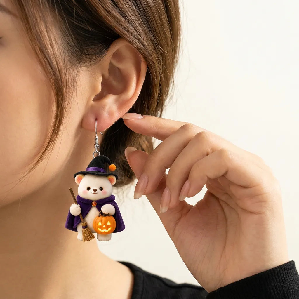 Witch White Bear Halloween Pumpkin Earrings