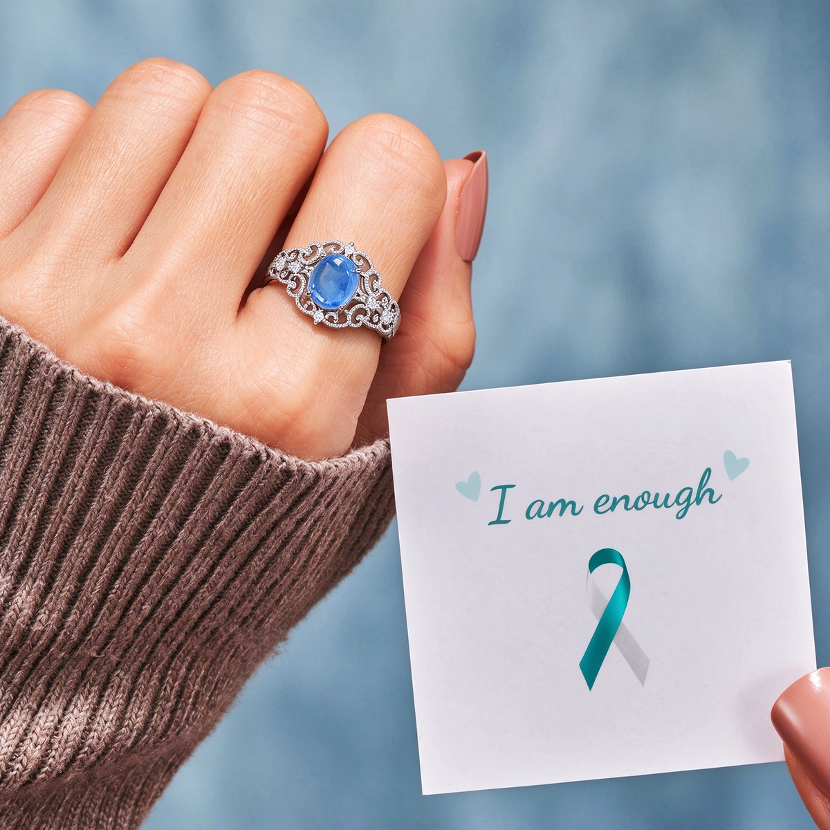 S925 Adjustable Aquamarine Ring | Cervical Cancer Awareness Jewelry, Teal Ribbon Symbol Gift