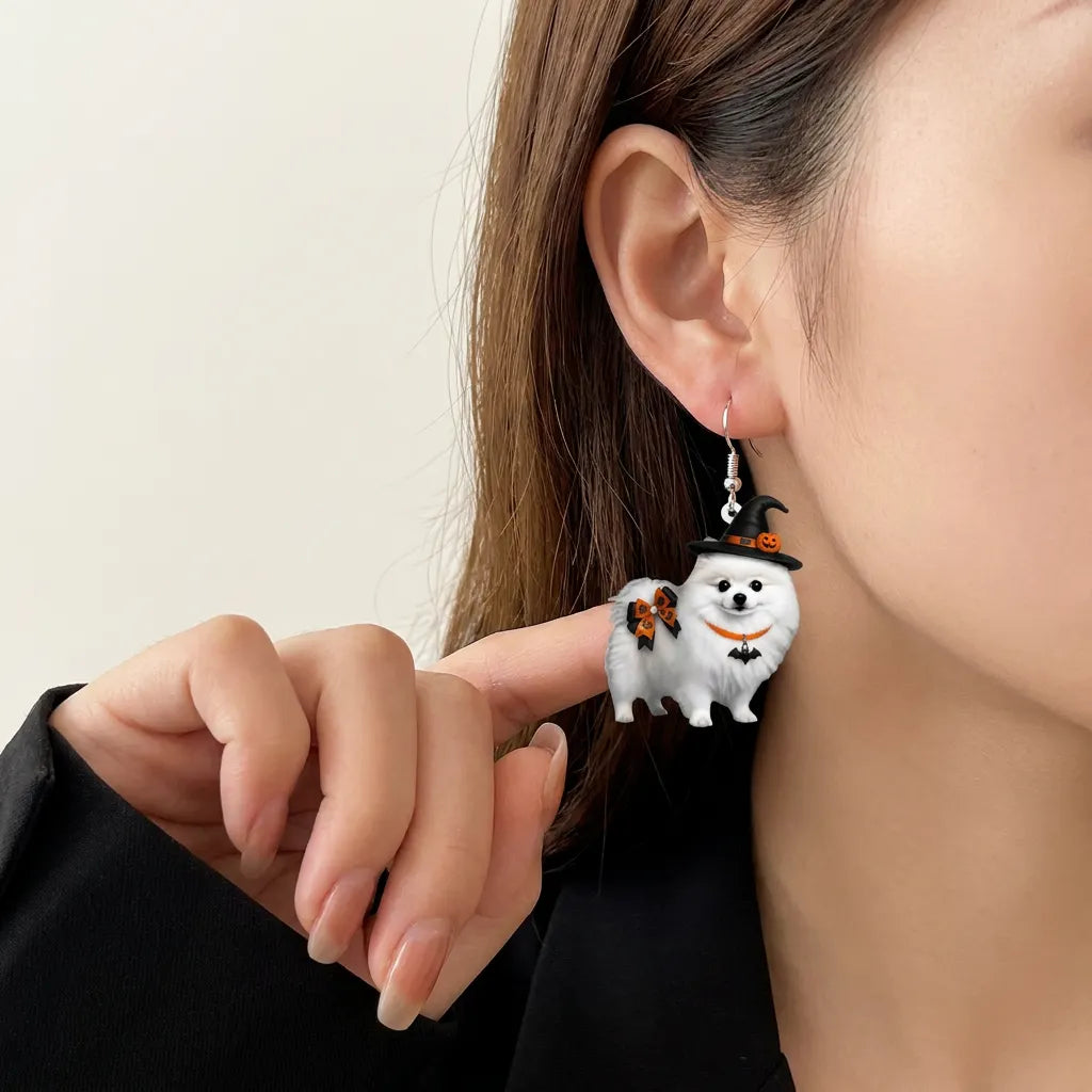 White Pomeranian Witch Hat Bat Bow Halloween Drop Earrings