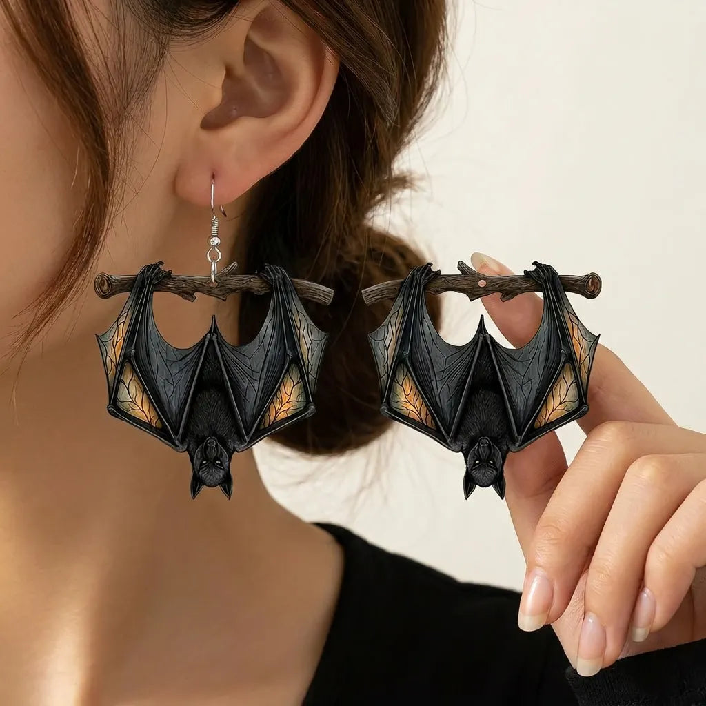 Upside Down Hanging Black Bat Branch Halloween Gothic Earrings