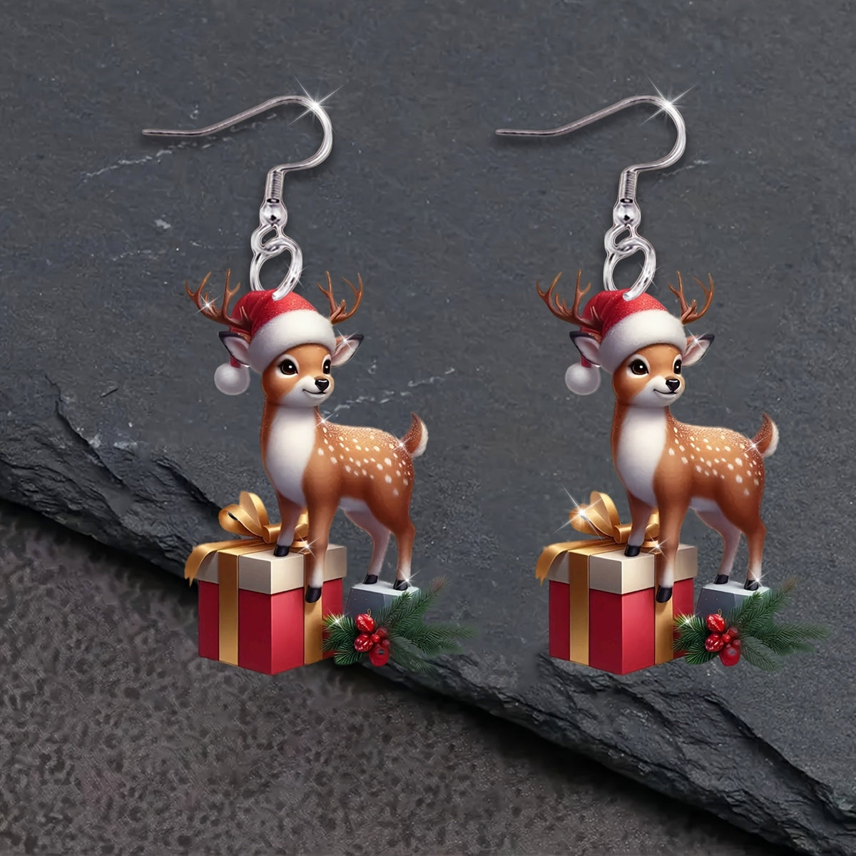 Christmas Elegant Santa Hat & Gift Box Design with Deer Earrings