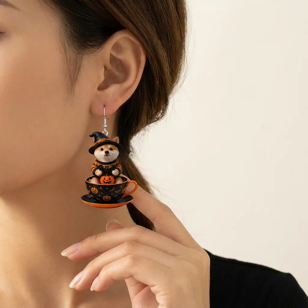 Shiba Inu Witch Hat Sitting In Halloween Teacup Earrings