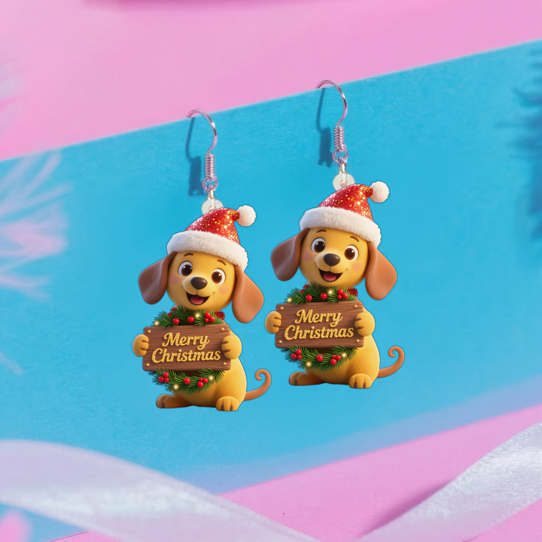 Christmas Cute Dog With Merry Christmas Earrings
