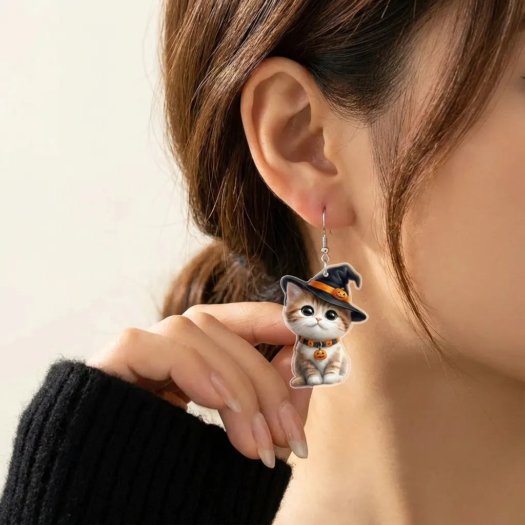 Halloween Witch Orange Tabby Cat Pumpkin Collar Acrylic Earrings