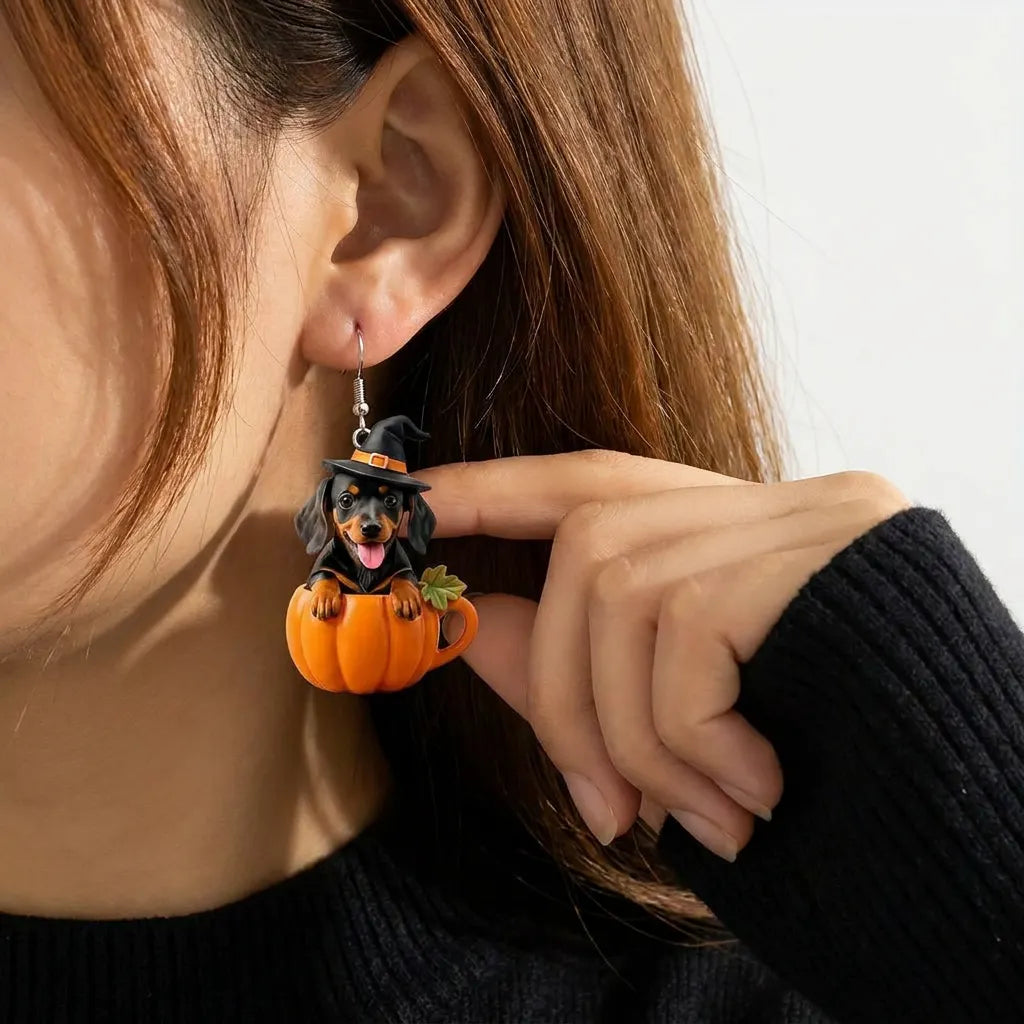 Witch Dachshund In Pumpkin Mug Halloween Dangle Earrings