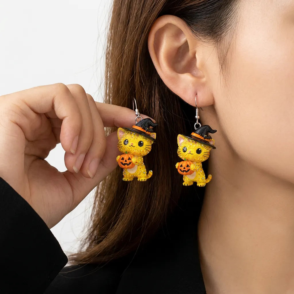 Sparkly Yellow Rhinestone Witch Cat Holding Pumpkin Halloween Earrings
