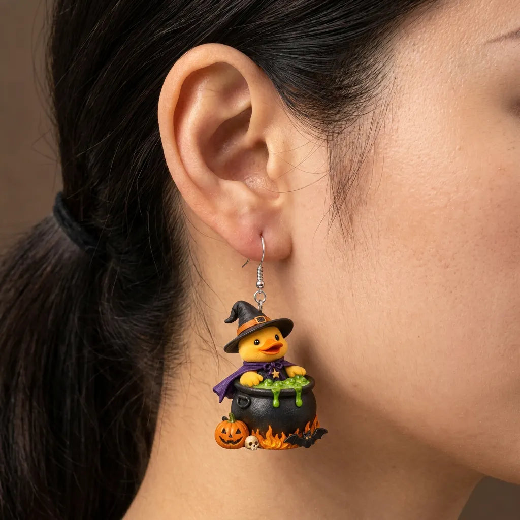 Halloween Witch Duck Cauldron Earrings