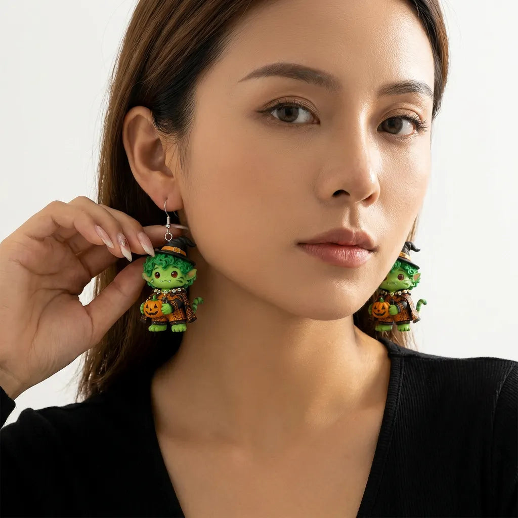 Cute Green Monster Cat Witch Cape Skull Spider Pumpkin Halloween Earrings