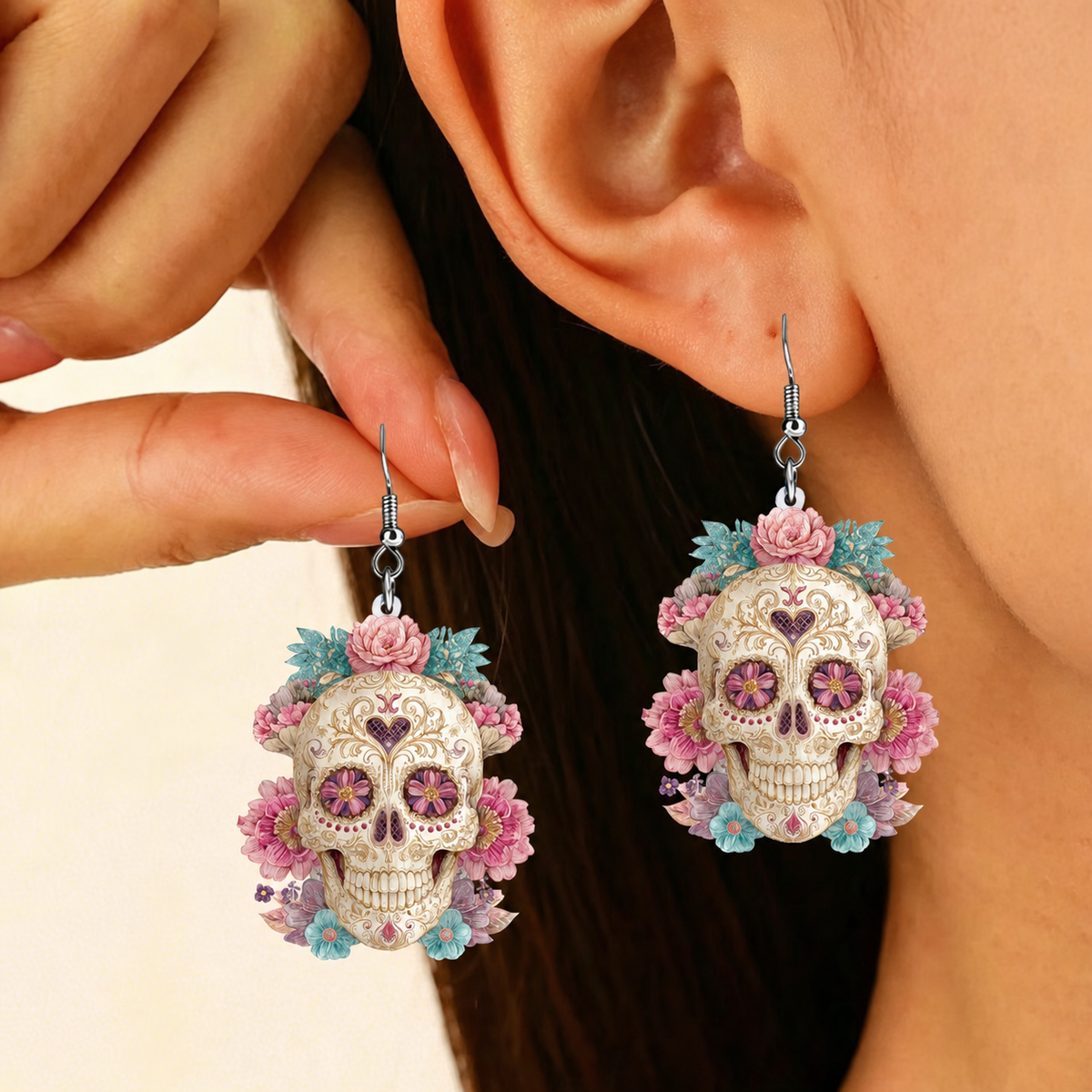 Floral Sugar Skull Gothic Dangle Earrings