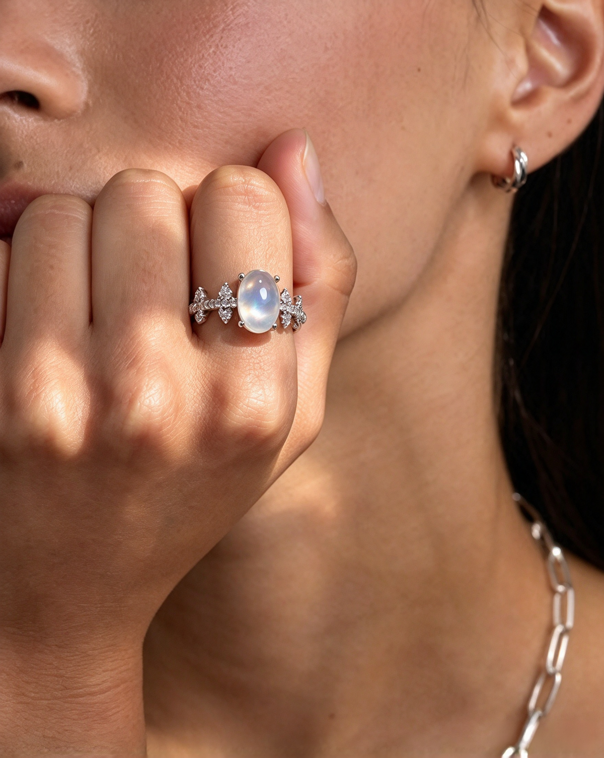 Adjustable S925 Moonstone Ring, Blue Flash Moonstone & CZ Statement Ring