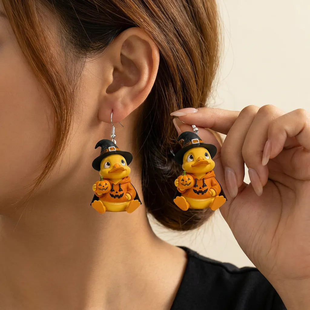 Yellow Duck Witch Hoodie Pumpkin Halloween Acrylic Earrings