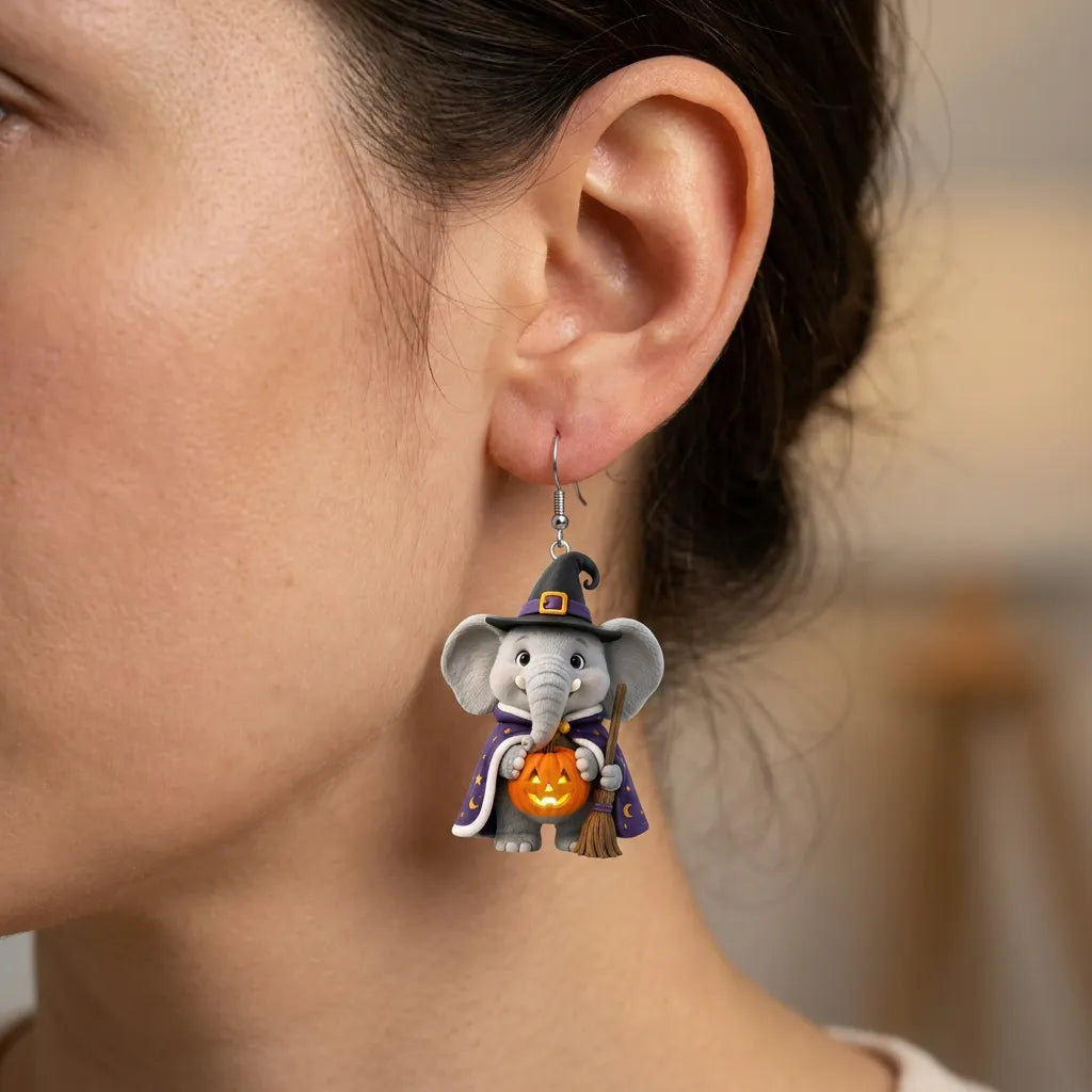Halloween Witch Elephant Pumpkin Earrings