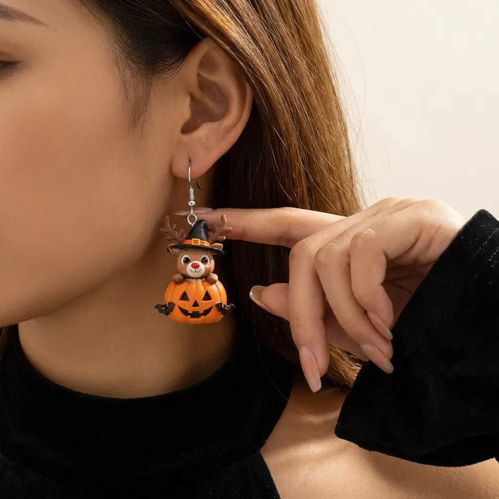 Reindeer In Pumpkin Halloween Earrings