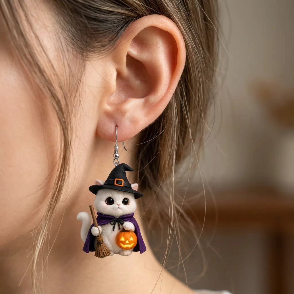 Witch White Cat Pumpkin Halloween Earrings