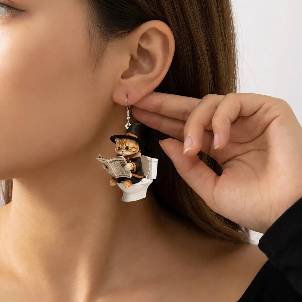 Funny Toilet Witch Cat Earrings