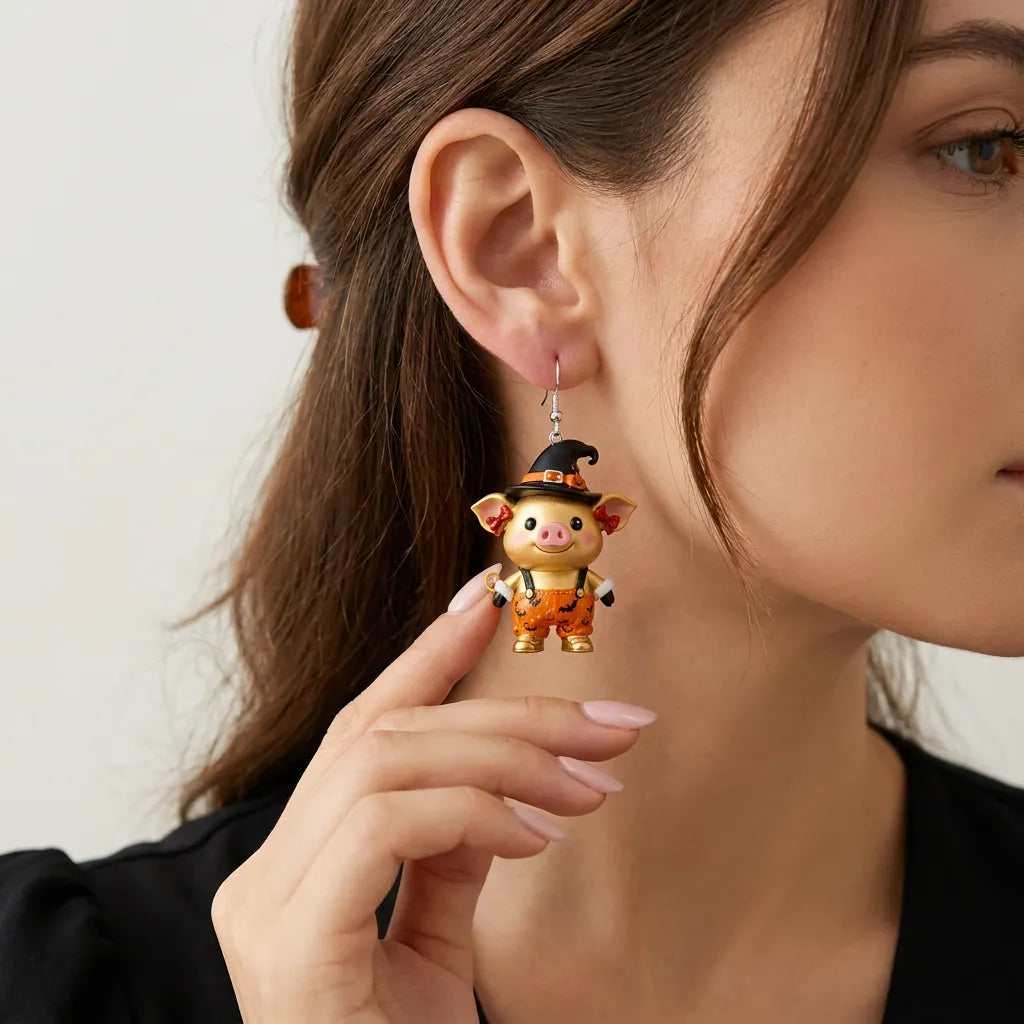 Golden Pig Overalls Red Bow Halloween Earrings