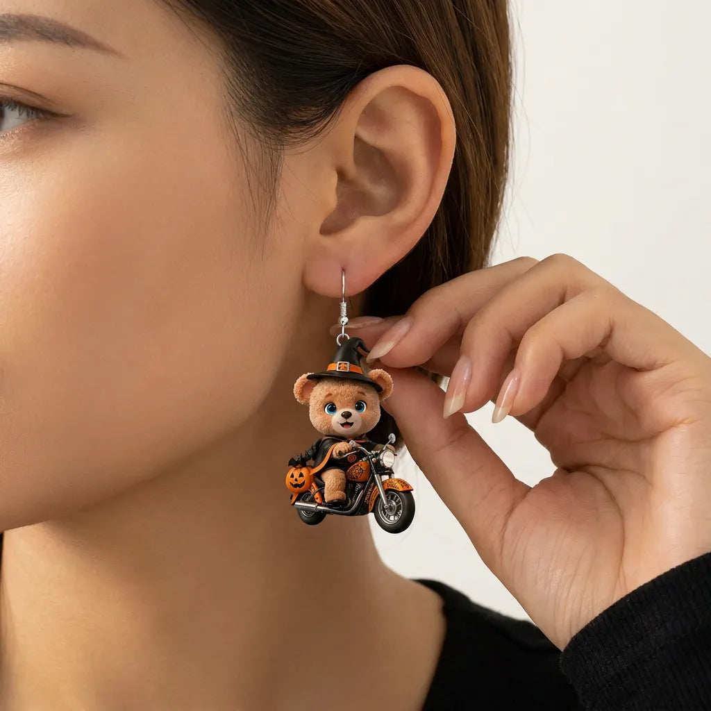 Witch Teddy Bear Riding Motorcycle Halloween Acrylic Earrings