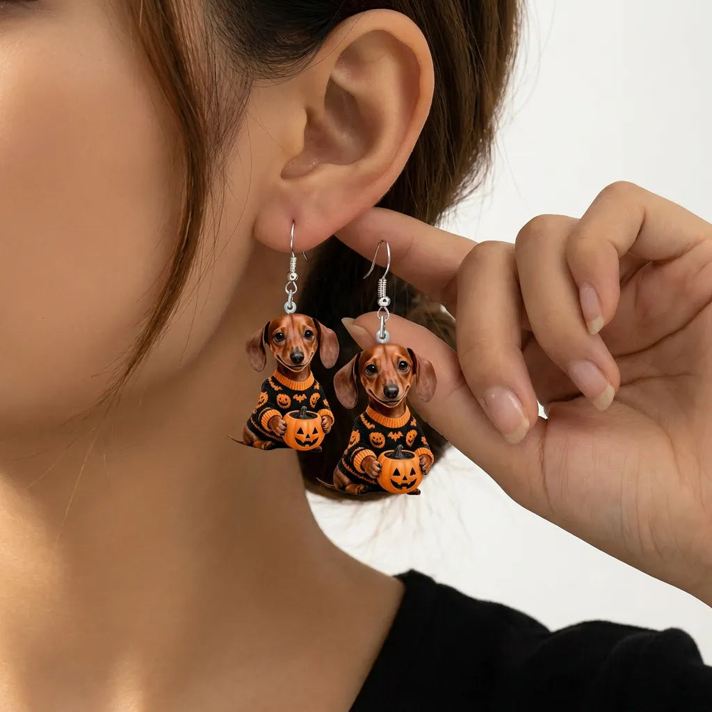 Dachshund In Pumpkin Sweater Halloween Acrylic Earrings