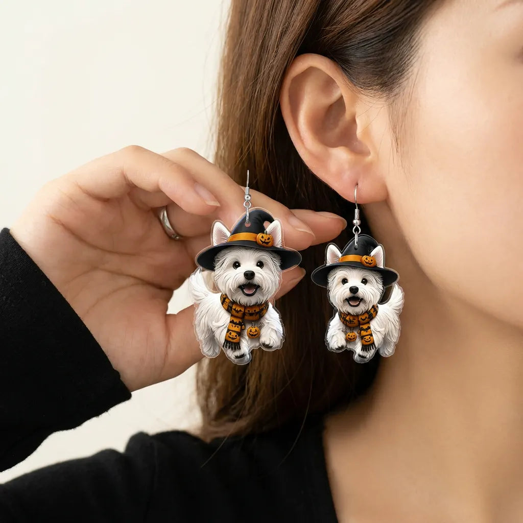 West Highland White Terrier Witch Scarf Pumpkin Halloween Acrylic Earrings