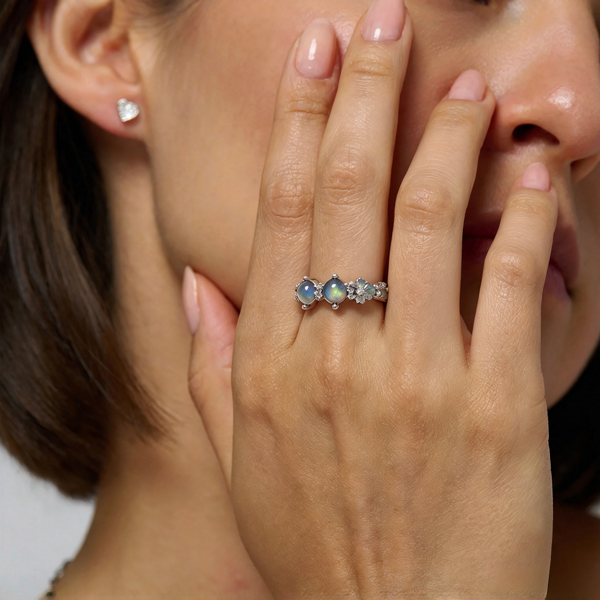 Natural Grey Moonstone Floral Ring, Delicate S925 Labradorite Ring for Women