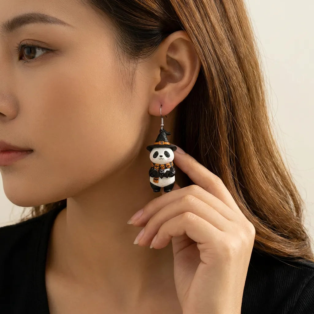 Panda Witch Hat Bat Pumpkin Knitted Scarf Halloween Acrylic Earrings