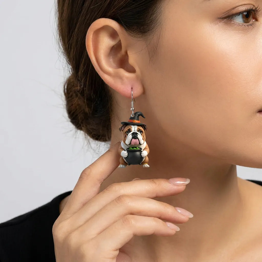 Cute Bulldog Witch Hat Holding Magic Cauldron Halloween Earrings