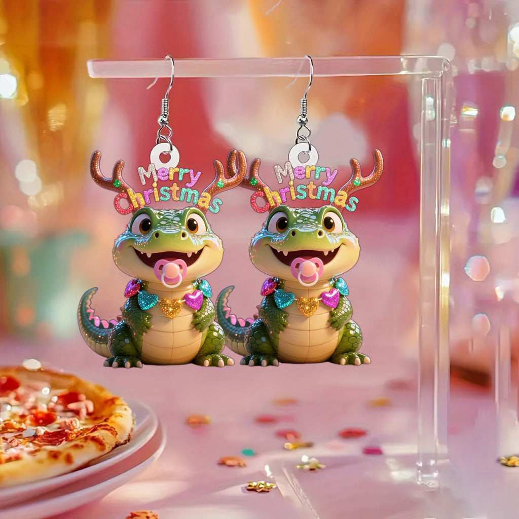 Christmas Green Crocodile Earrings with Pink Hearts & Golden Bubbles
