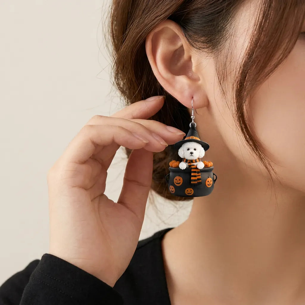 Poodle In Witch Cauldron Halloween Earrings