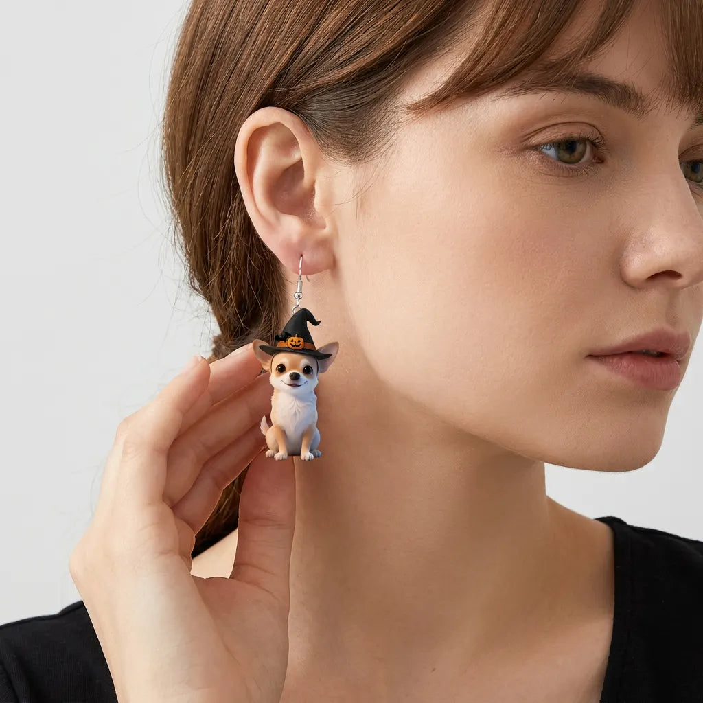 Chihuahua Witch Hat Halloween Earrings