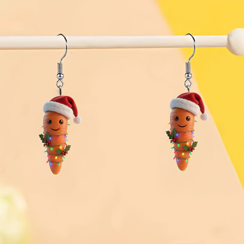 Unique Carrot with Christmas Hat Pattern Earrings