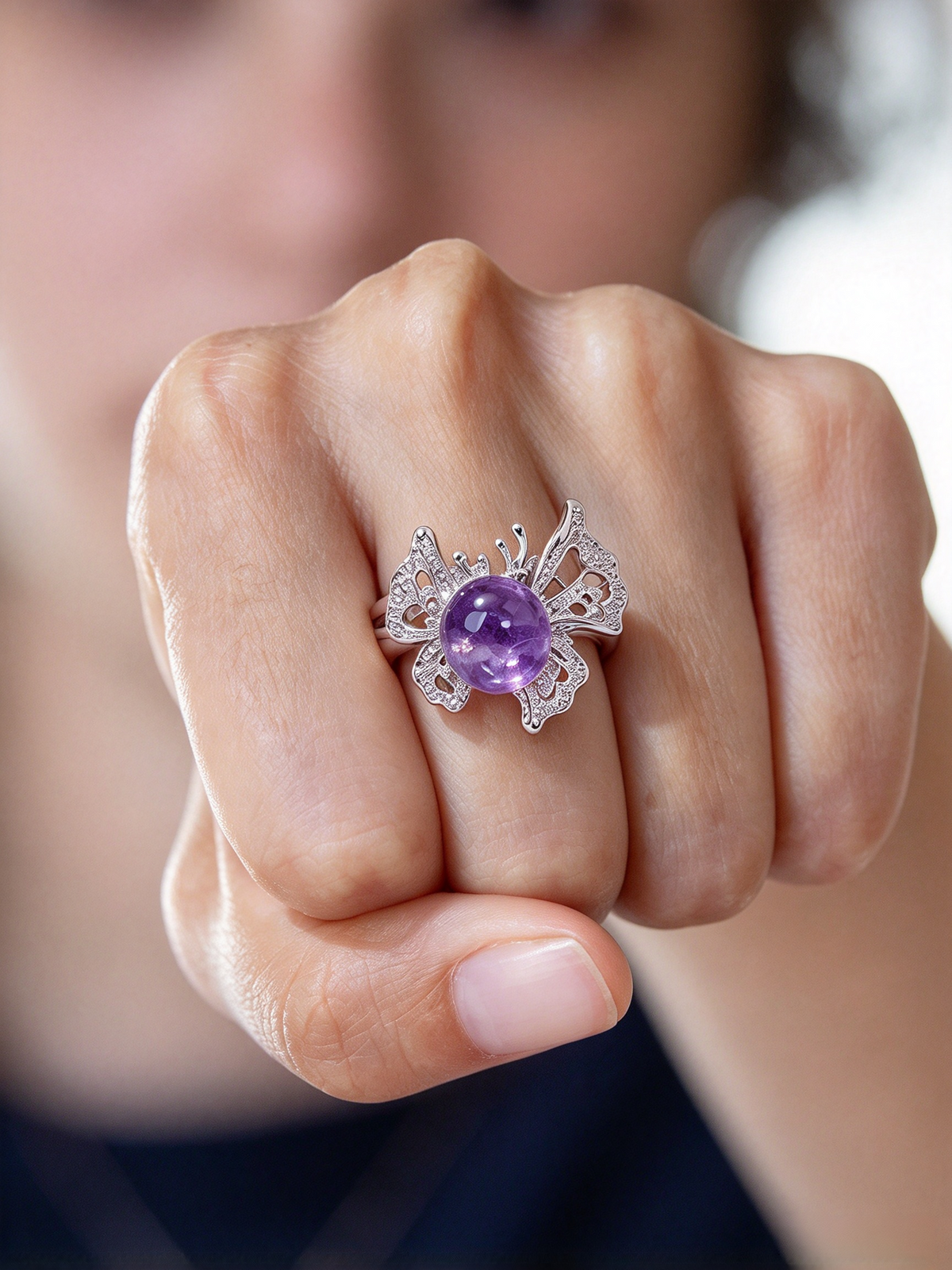 Memorial Butterfly Amethyst Ring, Purple Crystal Remembrance Jewelry for Loss of Loved One
