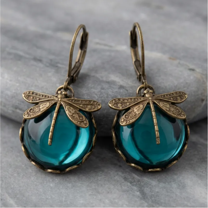 Spherical Dragonfly Earrings in Antique Gold