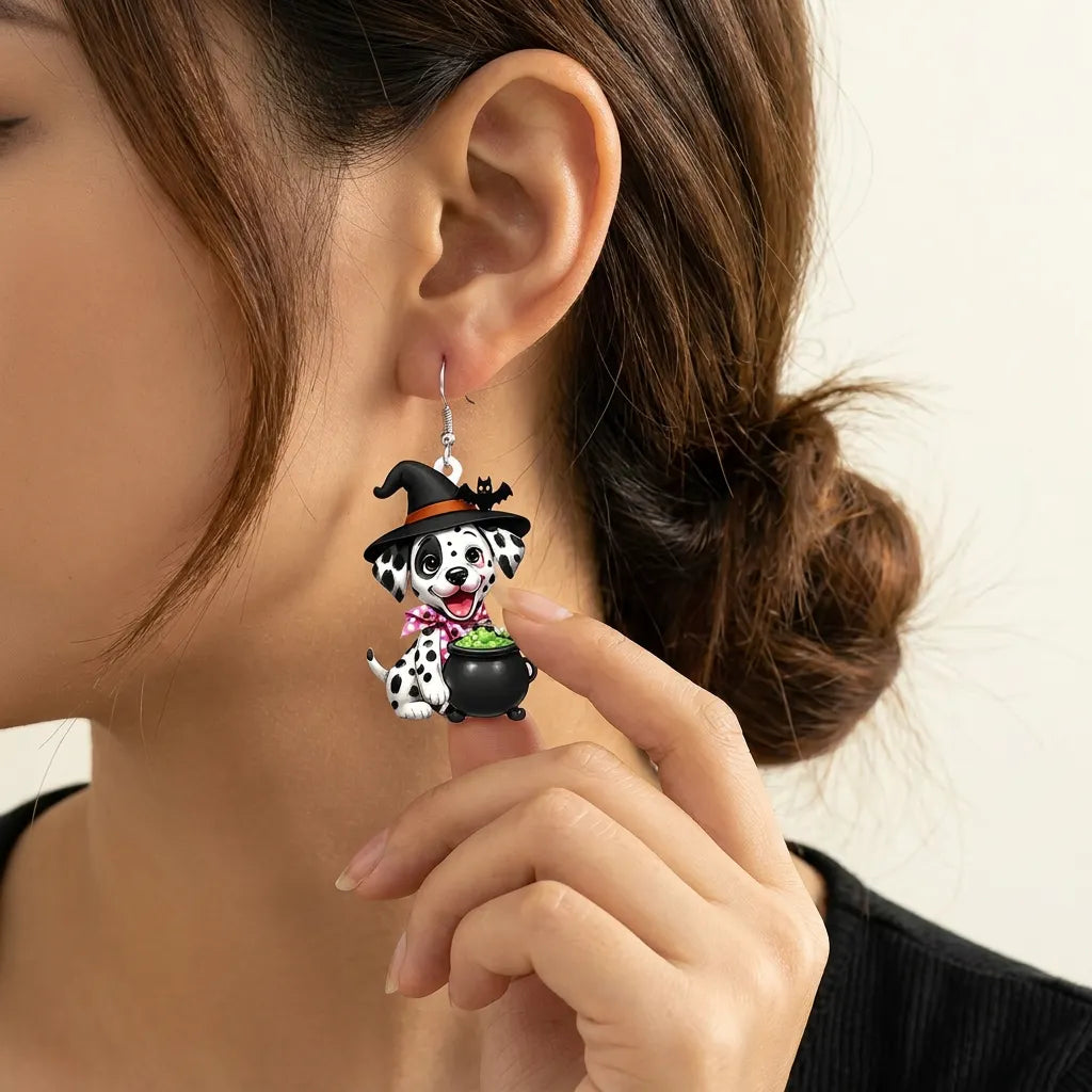 Dalmatian Puppy Witch Cauldron Bat Bow Halloween Acrylic Earrings