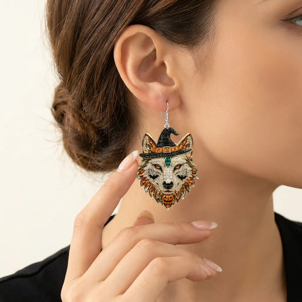 Sparkly Rhinestone Wolf Head Witch Hat Bat Pumpkin Halloween Earrings