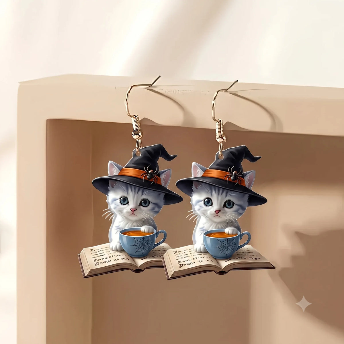 White Witch Cat Book Coffee Cup Halloween Acrylic Drop Earrings