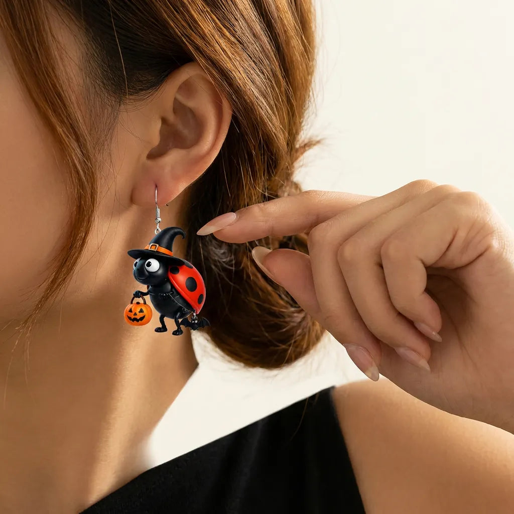 Halloween Witch Ladybug Pumpkin Dangle Earrings