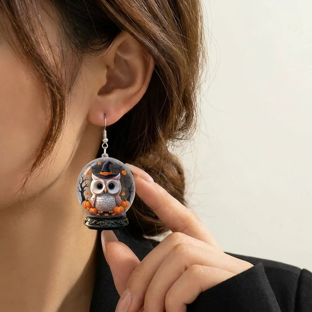 Witch Owl Snow Globe Pumpkin Bat Halloween Earrings