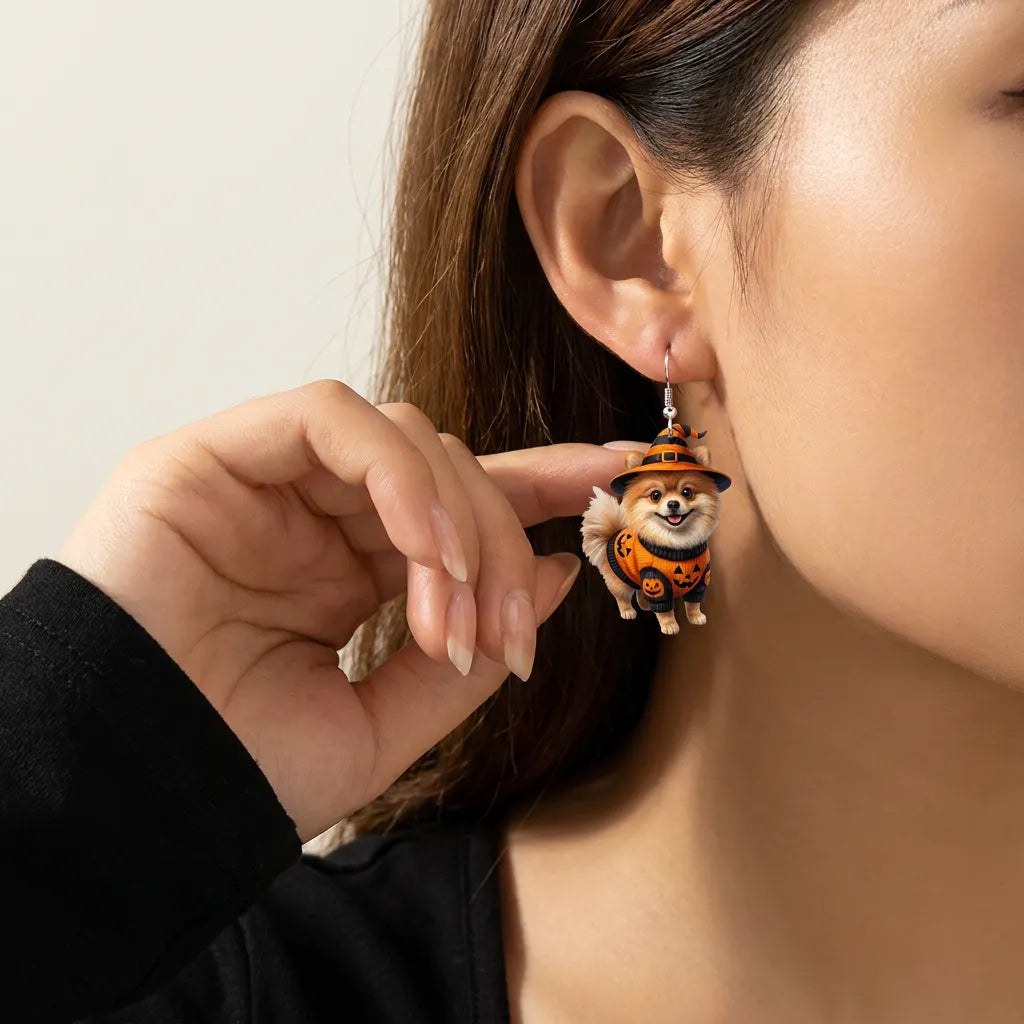 Pomeranian Dog Pumpkin Sweater Halloween Party Earrings