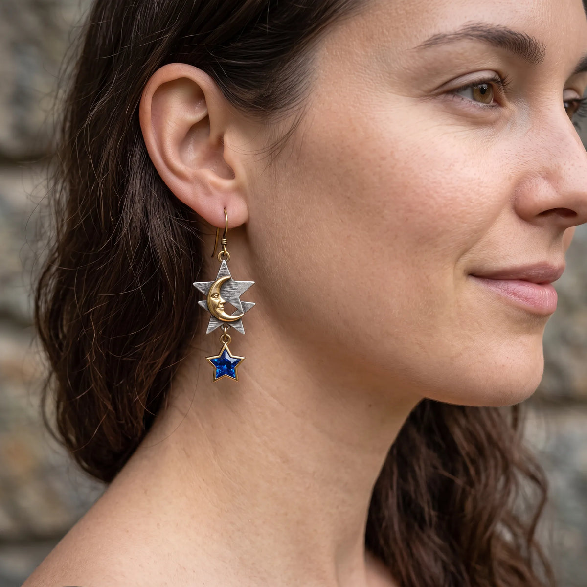 Vintage Two?\Tone Moon Star Dangle Earrings