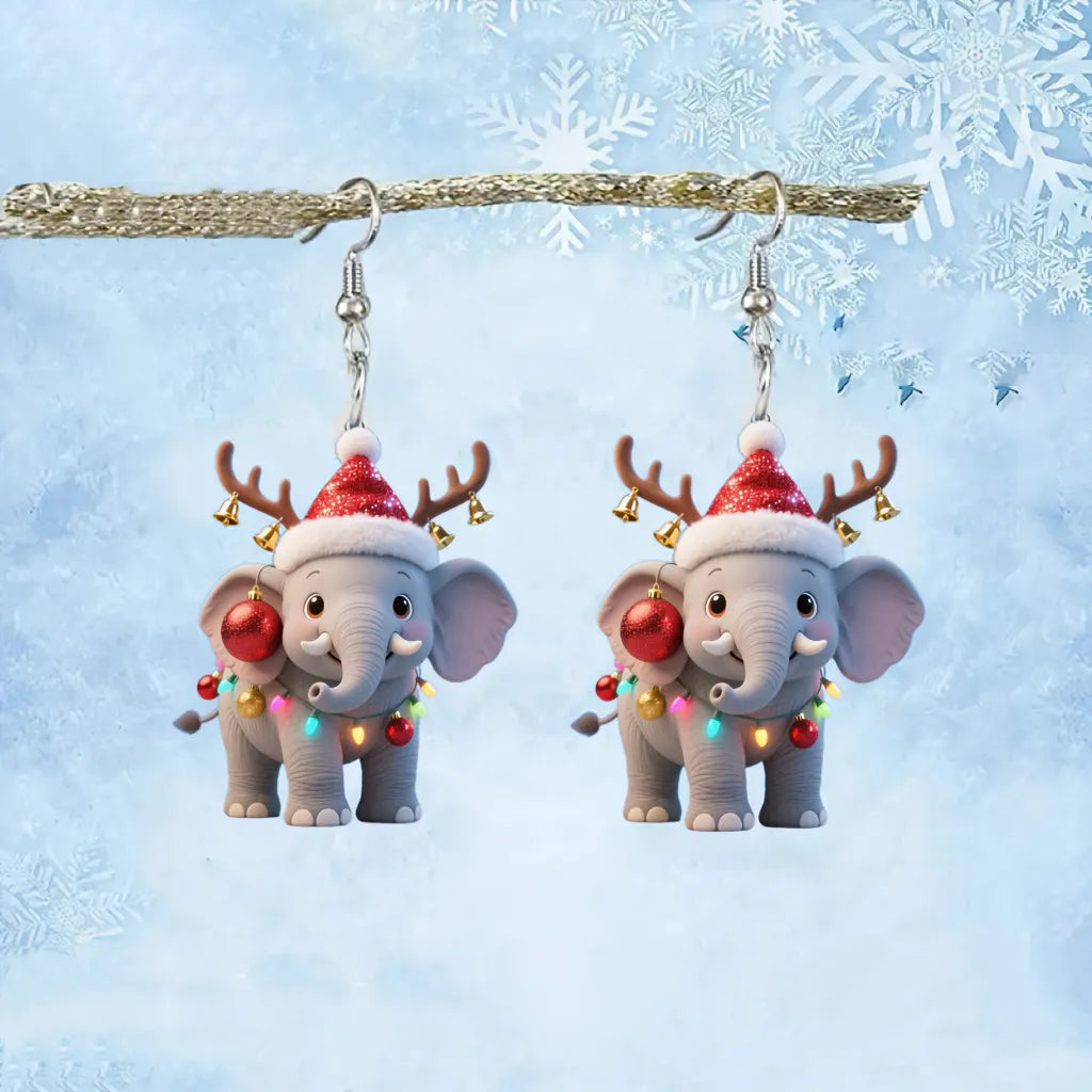 Christmas Cute Elephant with Santa Hat Earrings