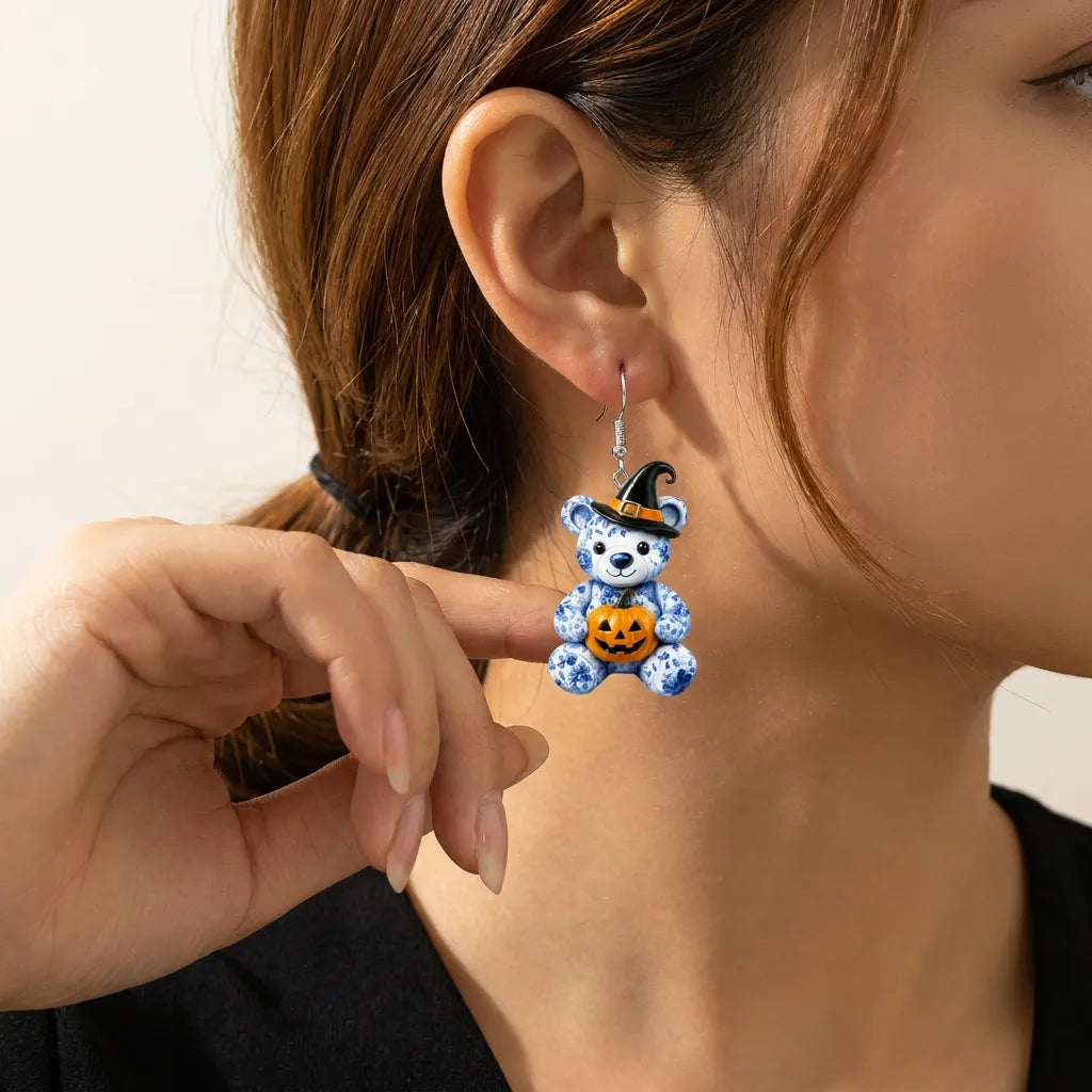Blue Floral Witch Teddy Bear Holding Pumpkin Halloween Acrylic Earrings