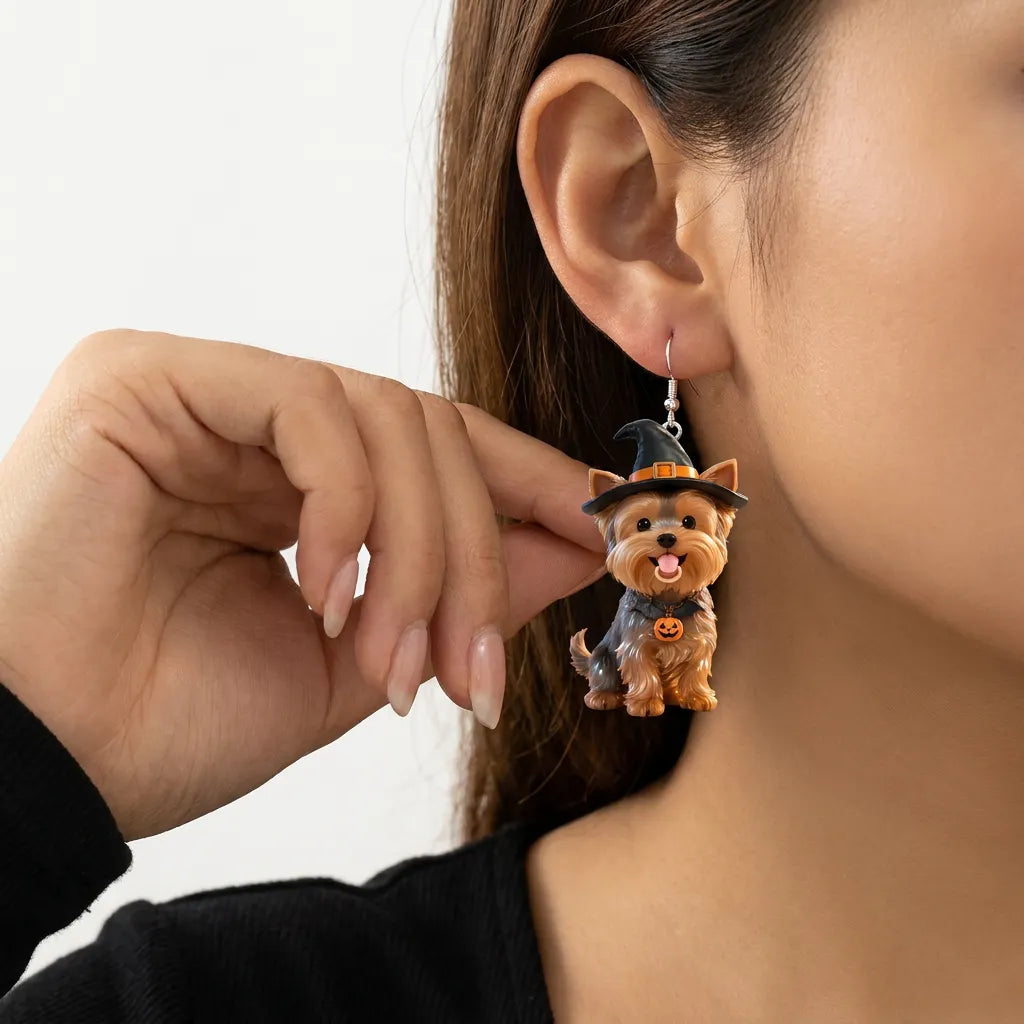 Yorkshire Terrier Witch Hat Halloween Earrings