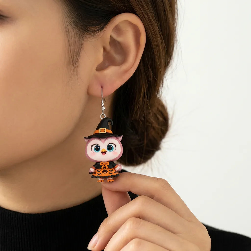 Pink Owl Witch Hat Bat Pumpkin Print Dress Halloween Acrylic Earrings