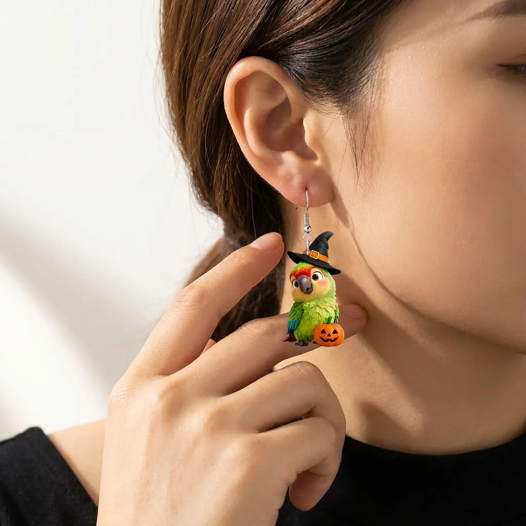 Halloween Witch Parrot Pumpkin Acrylic Earrings