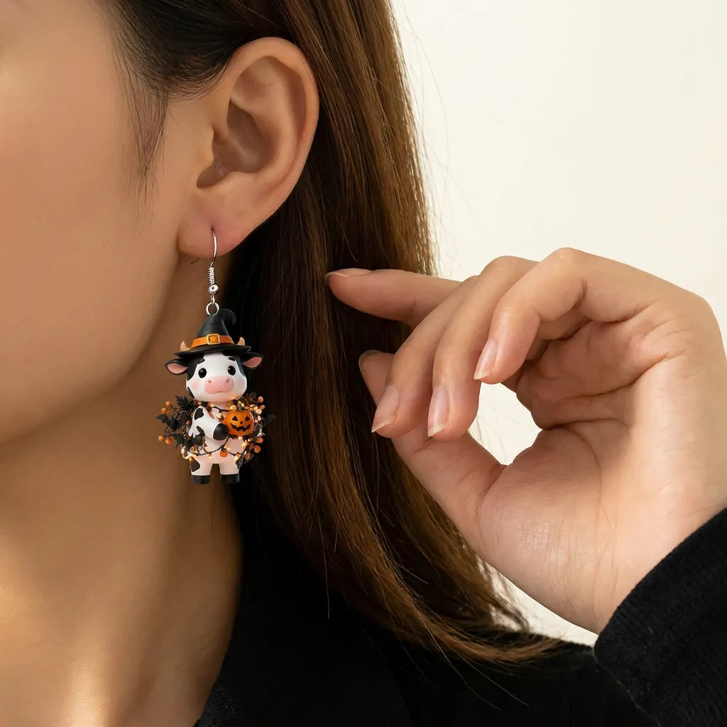 Black White Cow Witch Hat Pumpkin Bat Fairy Lights Halloween Earrings