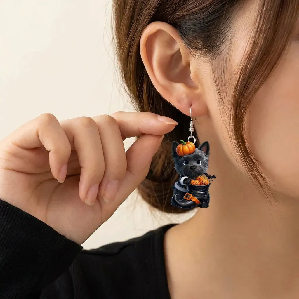 Scottie Dog Witch Boot Mini Pumpkins Bat Halloween Earrings