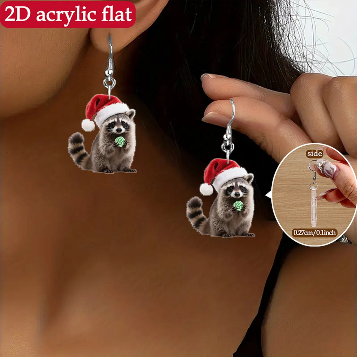 Christmas Raccoon Earrings - Red Hat & Green Candy Design