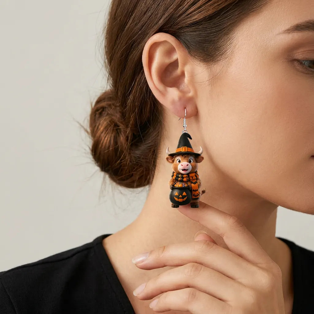 Highland Cow Witch Bat Scarf Holding Candy Cauldron Halloween Earrings